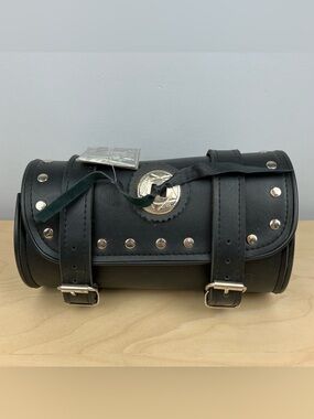 Bikers Leather Hard Leather Tool Bag, Black Barrel Motorcycle Bag Black